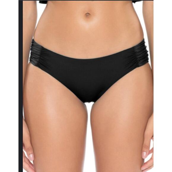 Soluna Shirred Bikini Bottoms Solid Black Swim Bikini Bottom Medium NWT - Picture 1 of 4